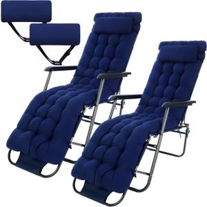 Kigley 2 Set 67'' x 21'' Chaise Lounge Cushions for Outside Bench Cushions for Outdoor Furniture Chaise Lounge Pads Outdoor with Headrest 8 Ties, Navy Blue, 67 x 21 x 3.2 inches