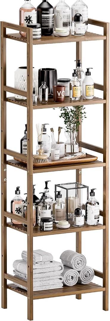 HITNET Bamboo Book Shelf, Tall Narrow Bookcase, Bathroom Shelving Unit 5 Tier Floor Standing Adjustable Bookshelf for Small Spaces, Walnut, 17.72 Inches X 12.4 Inches X 55.9 Inches