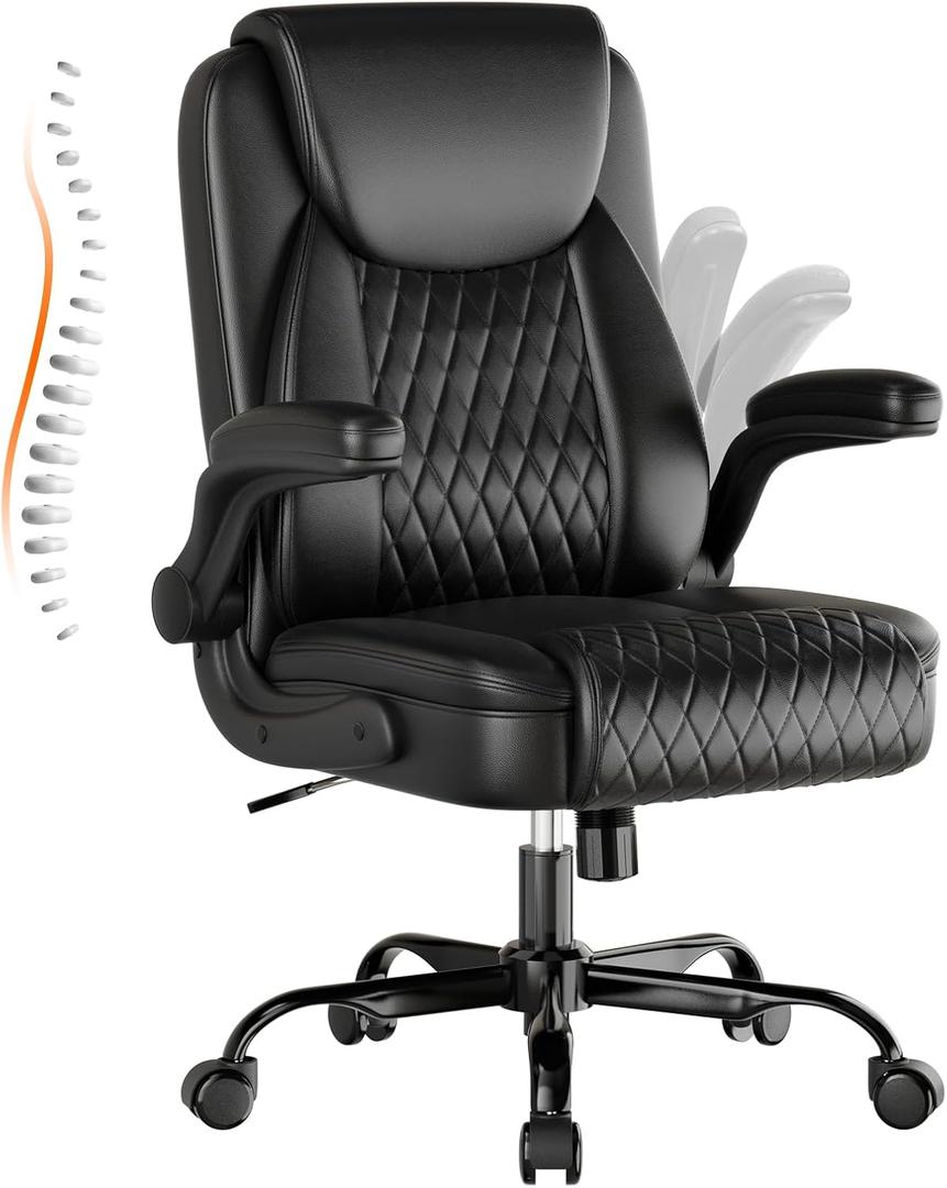 GTPLAYER Leather Office Chair, Home Desk Chair with Flip-up Arms and Ergonomic Back - Comfy Heavy Duty Executive Chair for Home Office Gaming, Black, 24.4 inches x 19 inches x 41.1 inches