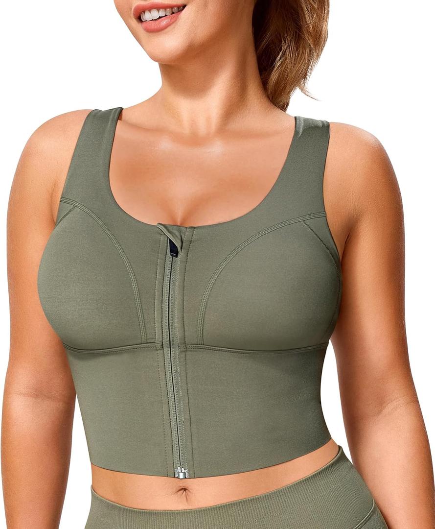 TrainingGirl Zip Front Closure Longline Sports Bras for Women - Workout Crop Tank Tops Yoga Camisole Criss Cross Back (Small, Green)