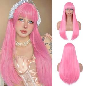 Pink Wig with Bangs for Women  Long Straight Heat Resistant Synthetic Wig for Daily Use, Party, Halloween, Cosplay  24 Inch Pink Wigs for Girls
