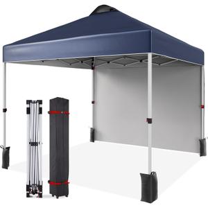 10'x10'Pop Up Canopy Tent with 1 Sidewall & Vented Roof,One Push Setup Instant Shade Shelter for Beach,Camping, Events,Includes STO-N-Go Bag, 8 Stakes, 4 Ropes & Sandbags (Commercial-Grade),Navy Blue