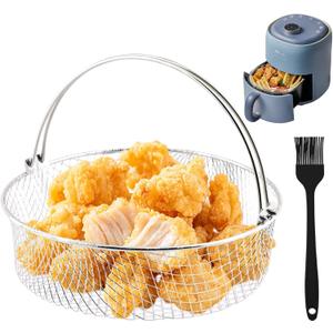 Air Fryer Basket for Oven, 8inch Air Fryer Replacement Accessory Mesh Basket with Handle & Brush, Stainles Steel Steamer Baskets for InstantPot, Oven, Steamer, Household Frying
