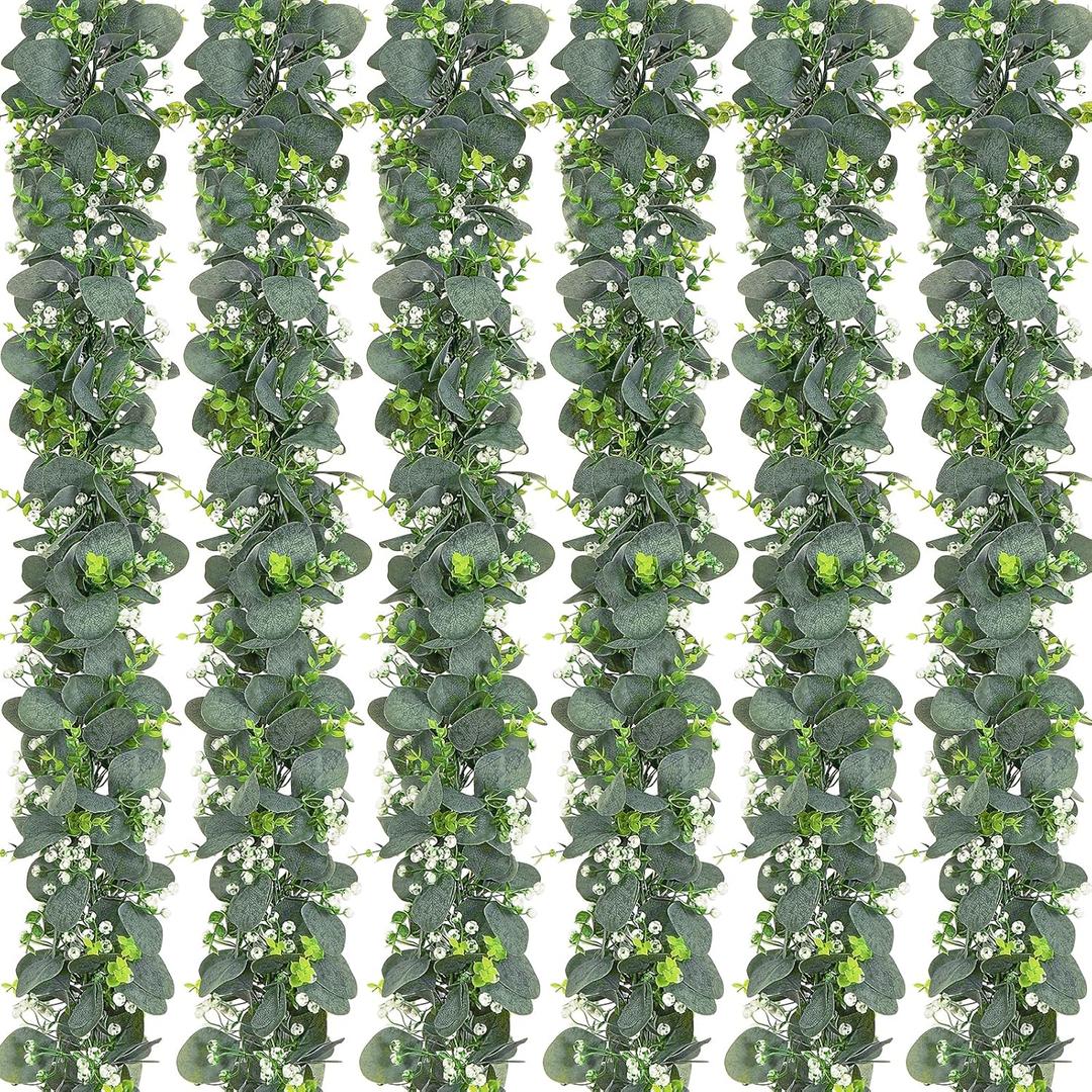 Dolicer 6 Packs 6FT Artificial Eucalyptus Garland, Faux Greenery Garland Fake Vines Hanging Silver Dollar Eucalyptus Leaves for Wedding Backdrop Arch Table Wall Party Home Decor (Grey Green With White Seed)