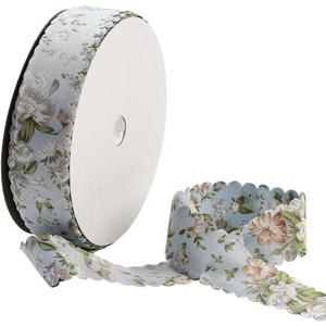 20 Yards Blue Floral Print Ribbon Flower Pattern Ribbon Vintage Spring Polyester Wavy Edge Ribbons Bulk with Spool for Sewing Making Wreath Wedding Crafts Bouquet Birthday Decor Christmas