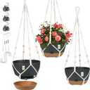 3 Pack Hanging Planters Set, 10 + 10 + 8 Inch Self-Watering Hanging Plant Pot, Macrame Plant Hanger with Pot, Ceiling Hooks, Removable Saucer and Drainage Holes for Indoor, Outdoor Plants - Black