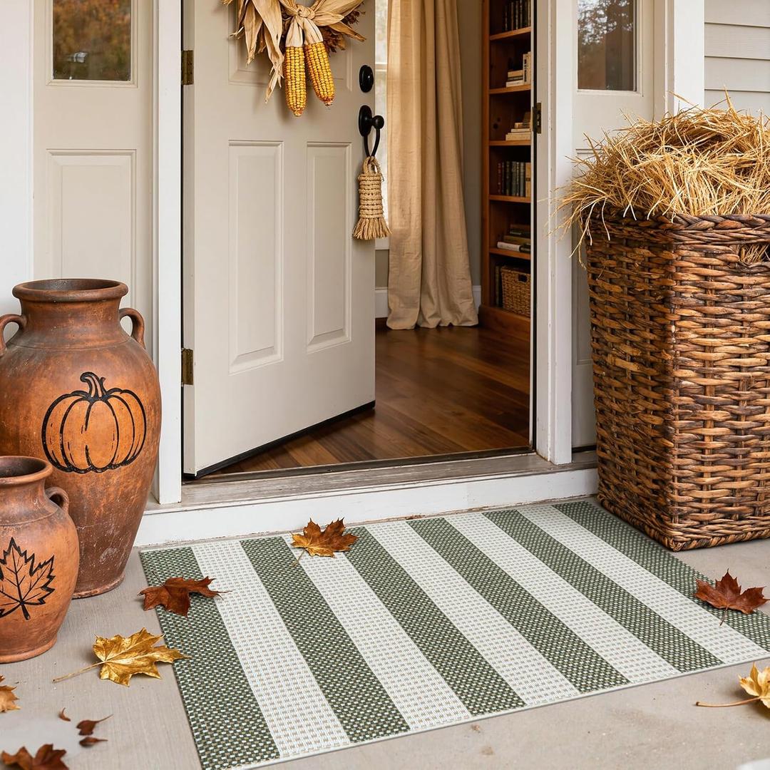 Green and White Striped Rug-2x3 Fall Front Door Mat Outdoor,Washable Reversible Porch Rug Cotton Hand-Woven Spring Doormat, Foldable Layered Door Mats for Entryway/Farmhouse
