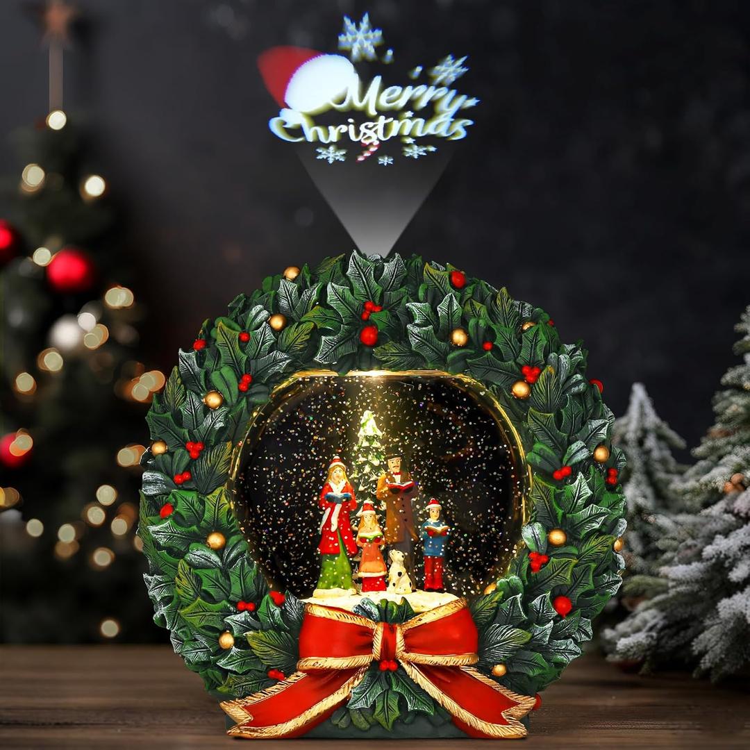 Lewondr Musical Christmas Snow Globe, Family Carolers Christmas Wreath, Swirling Glitters & 8 Songs & Timer, Battery Operated Singing Snow Lantern Decor for Home Holidays Xmas Gift