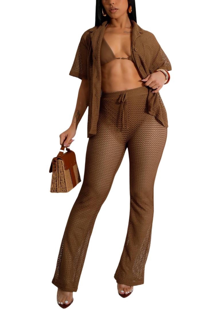 RomMoon Women's Fashionable 2-Piece Beach Ensemble-Hollow Out Button Top and Drawstring Pants, Lar