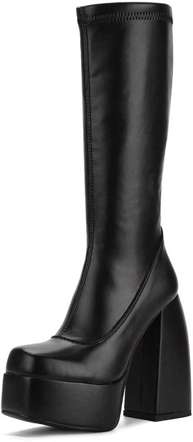 Womens Mid Calf Knee High Boots High Heel Round-Toe Side Zipper Punk Style Shoes Combat Boots For Women (9, Black)