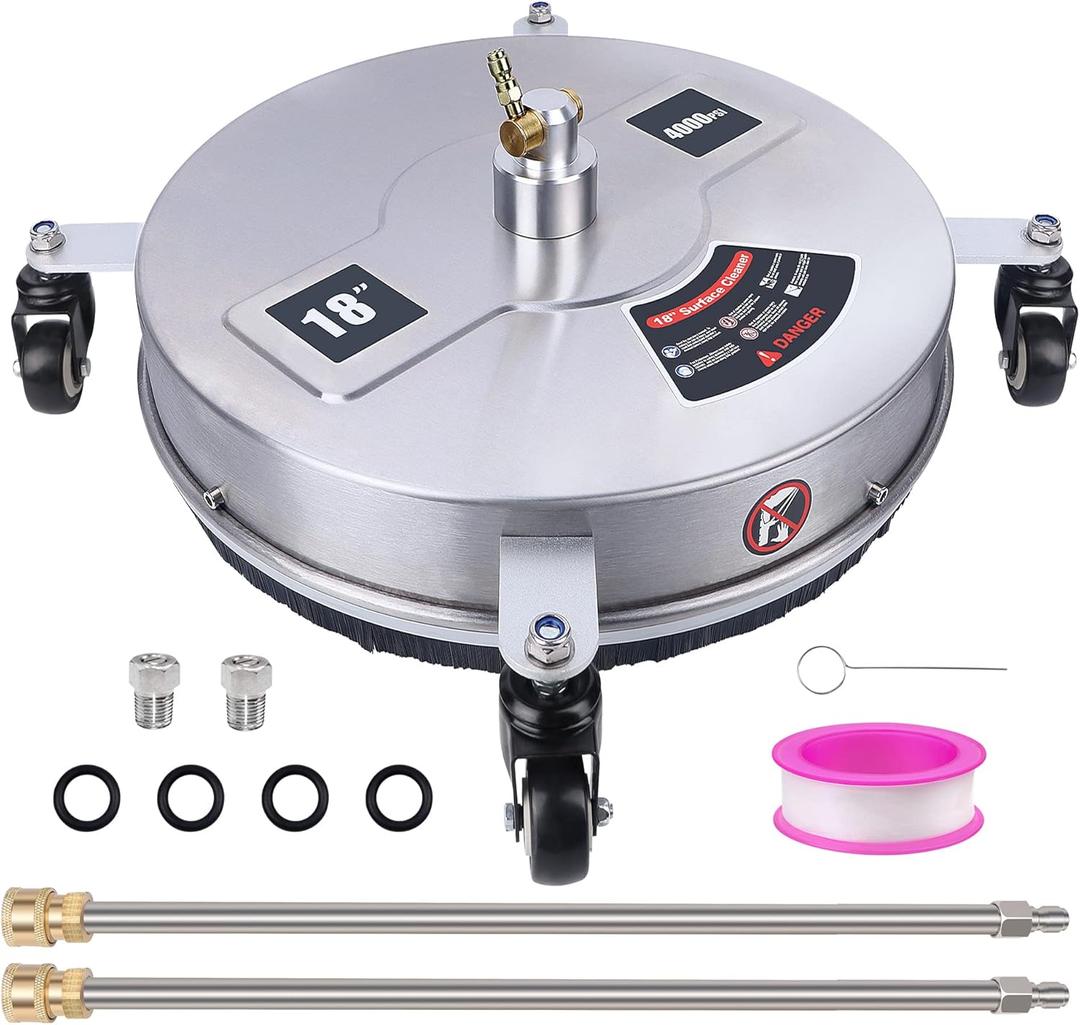 Biswing 18" Pressure Washer Surface Cleaner with 4 Wheels, Stainless Steel Power Washer Accessory for Driveways Sidewalks Patios Cleaning, 1/4" Quick Connector, 2 Extension Wand Attachments, 4000 PSI