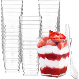 Zezzxu 5 oz Square Mini Dessert Cups with Spoons - 50 Pack Plastic Pudding & Parfait Cups Party Dessert Shooters for Serving Trifle Mousse Cake Appetizers