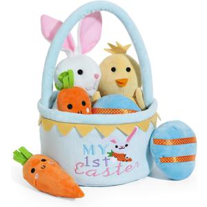 My First Easter Basket Stuffed Plush Playset Baby's First Easter Basket Stuffed Cartoon Bunny Easter Egg Plush Basket for Kids 5pcs (Blue)