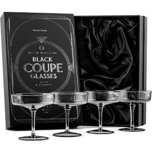 GLASSIQUE CADEAU Vintage Art Deco Smoke Black Coupe Glasses | Set of 4 | 7 oz Ribbed Cocktail Glassware for Drinking Champagne, Martini, Cosmopolitan, Manhattan | Crystal Speakeasy Saucers