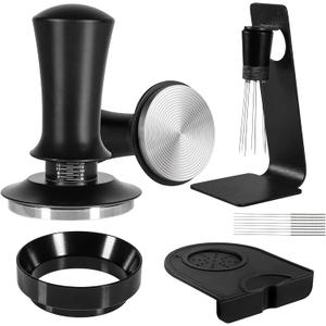 Espresso Accessories Kit 58mm, Coffee Tamper with Spring Loaded Calibration, 316 Stainless WDT Tool with Magnetic Stand and Dosing Funnel Set Fits Espresso Machine Press and 58mm Portafilters (Black)