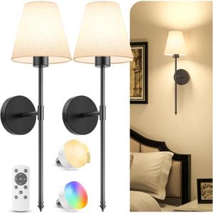 VOLISUN Battery Operated Wall Sconces Set of Two, Wireless Wall Sconces with Remote and Dimmable Bulbs, 9 Colors Battery Powered Wall Lights, Black Rechargeable Wall Lamps for Bedroom (23.6 inch)
