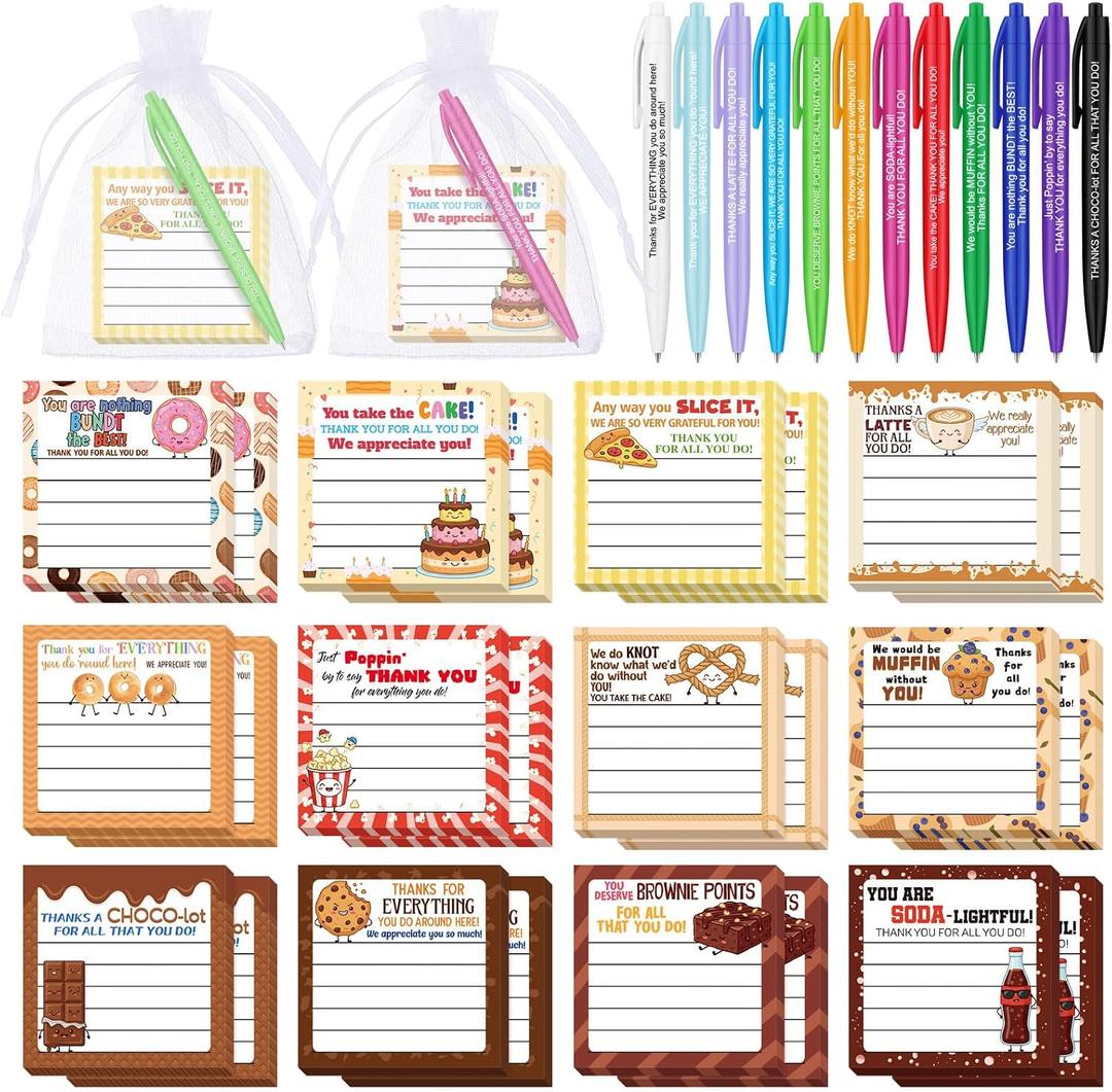 Kosiz 12 Set/36 Pcs Pun Funny Food Notepad and Pen Set Thank You Gifts for Coworker Staff Teachers Cute Funny Sticky Notes Appreciation Gifts for Colleagues Friend Birthday Holiday Office Party Favors