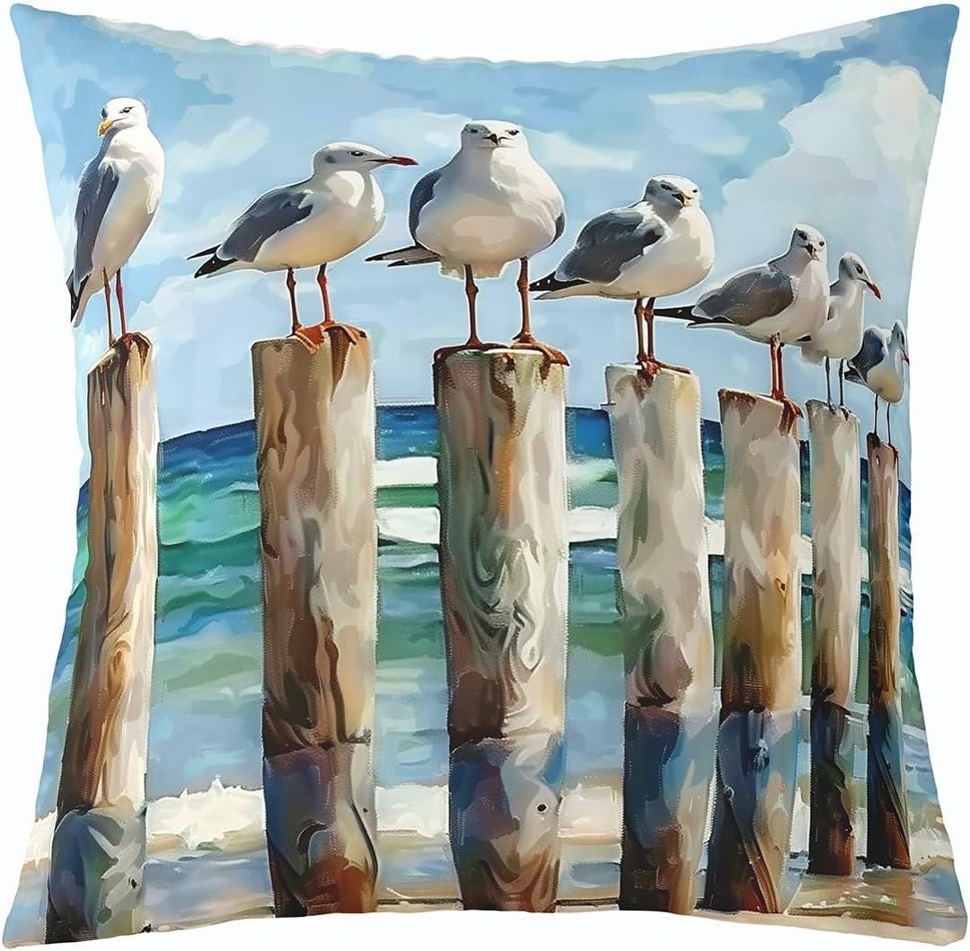 jejeloiu Coastal Sea Bird Decorative Throw Pillowcase for Sofa 20"x20" 1 Pcs Seagull Throw Pillow Cover Ocean Sea Marine Pillow Case Cushion Cover Cushion Case