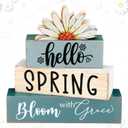 Amyhill Hello Spring Decoration Easter Home Decoration Daisy Table Wooden Sign Spring Easter Centerpiece Pastel Wooden Block for Farmhouse Shelf Office Tabletop Decor