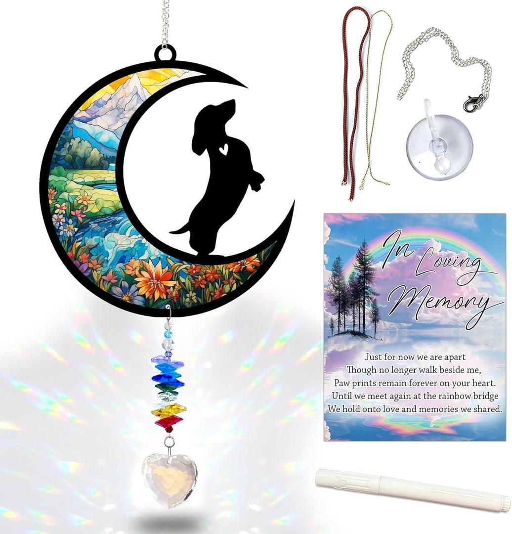 Dachshund Memorial Suncatcher, Personalized Pet Memorial Sun Catcher with Name Date, Dog Remembrance Gifts, Pet Loss Sympathy Rainbow Maker Heart-Shaped Crystal Suncatcher for Window Garden