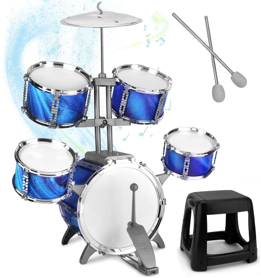 Kids Drum Set for Toddlers 1-3 Musical Jazz Drum with Stool Toys for 2-5 4-6 5-7 Boys Girls Birthday, Blue Kids Drum Set for Toddlers 1-3 Musical Jazz Drum with Stool Toys for 2-5 4-6 5-7 Boys Girls Birthday, Blue
