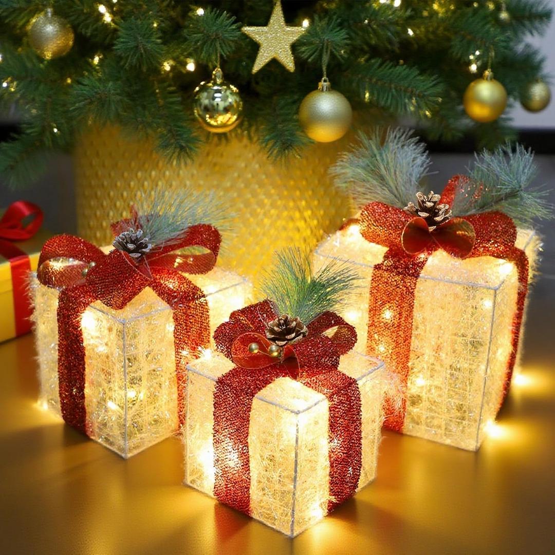 Set of 3 Christmas Lighted Gift Boxes Decorations, Lighted Present Box for Christmas Under Tree Indoor Decoration