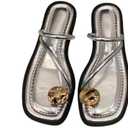 Women'S Leather Strappy Flat Metal Toe Ring Sandals Fashionable Square Open Toe Low Block Heel Slip-On Clip Toe Slide Sandals Casual Summer Beach Slipper