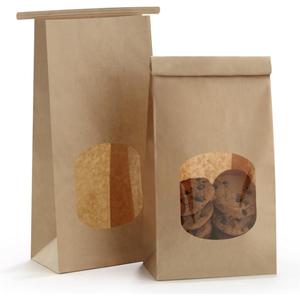 BagDream Bakery Bags with Window 50Pcs 4.5x2.36x9.6 Inches Kraft Brown Paper Bags with Window, Tin Tie Tab Lock, for Bakery, Cookie, Coffee Bean, Party Favor, Snack