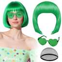 PLULON Green Bob Wig with Heart Sunglasses and Hair Cap, Colorful Short Bob Wigs Synthetic Party Wigs Funny Cosplay Hairpieces for Women Men Daily Bachelorette Halloween Costume Party Decorations
