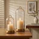 Hurricane Glass Candle Holders Set (5.1"11.2" & 4.3"7.7"), Metal Candle Holder with Hook Chains, Handmade Cloche Glass Dome & Antique Brass Candle Holder, for Pillar Candles, Floral Arrangements