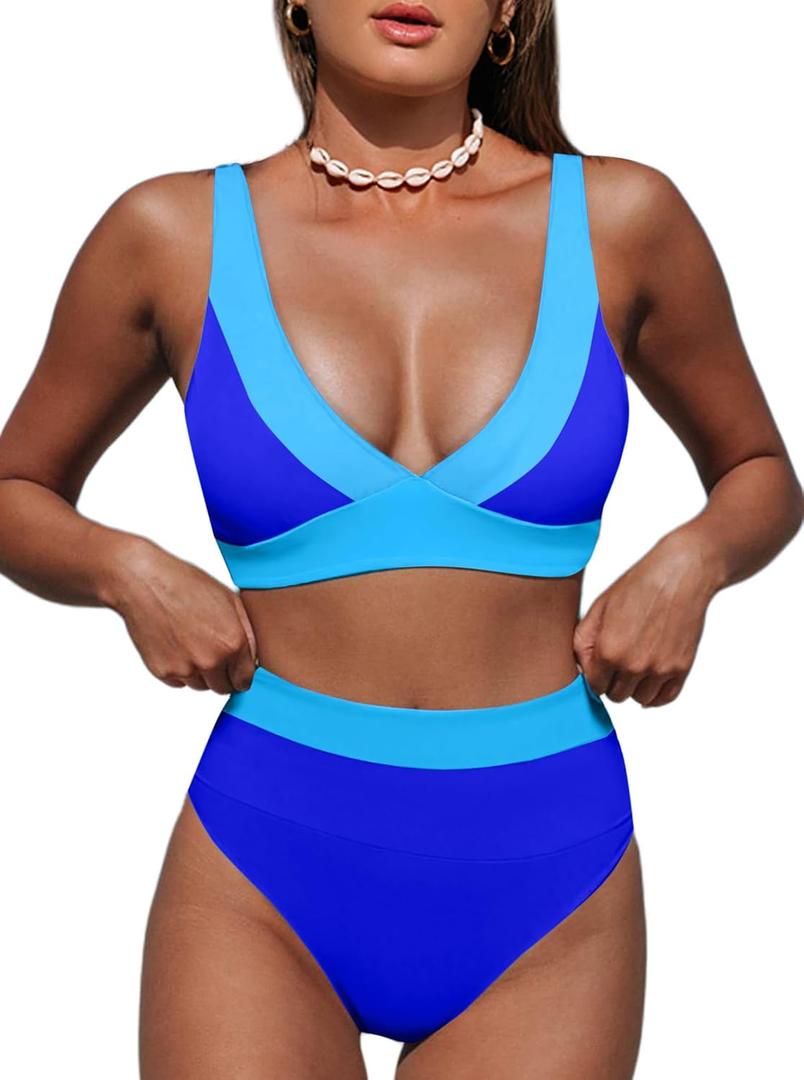 Hilinker Women's Leopard Bikini Swimsuits V Neck High Waisted 2 Piece Bathing Suits (Medium, Blue Colorblock C)