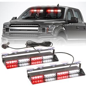 2 in 1 LED Emergency Dash Strobe Light Bar Front/Rear Windshield Safety Flashing Warning Hazard Interior Lights for Police Firefighter Construction Vehicles Trucks (2x14 inch, Red/White)