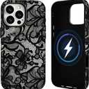 for iPhone 16 Pro Case [Compatible with Magsafe] Lace Phone Case Vintage Floral Flower Dual-Layer Protective Shockproof Magnetic Cover for Women Girls - Black