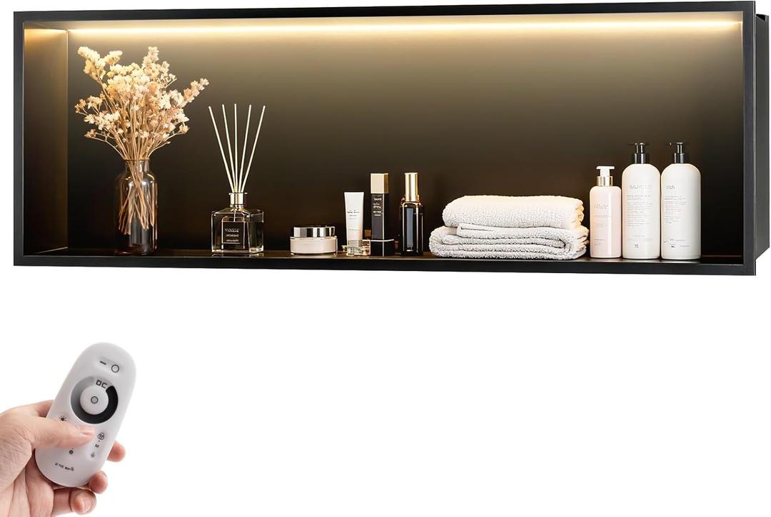 WICHEMI Shower Niche No Tile Needed for Bathroom Storage, Shower Niche LED Lights Waterproof Recessed Wall Niche 36" X 12" 304 Stainless Steel Bathroom Niche for Shower Wall, Matte Black (Warm White)