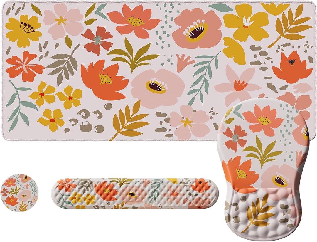 iLeadon Large Desk Mat, Ergonomic Mouse Pad and Keyboard Wrist Rest, Anti Slip Desk Mat Set with Keyboard Wrist Pad, Smooth Large Mouse Pad Gaming for Home Woman (Flower)