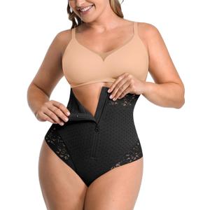 SHAPELLX Tummy Control Thong Shapewear for Women Shaping Thong Body Shaper Underwear with Hook Zipper Closure (01-Black), XL