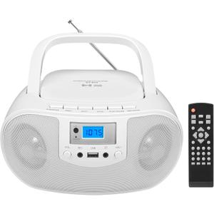 Portable Stereo CD Player Boombox, FM Radio with Bluetooth, Remote Control,CD Players for Home with Headphone/Mic Jack, LED Light Support CD-R/RW/MP3, USB, AC/Battery Operated, White