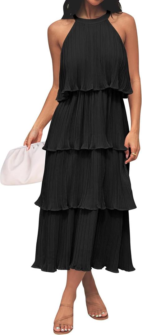 ZESICA Women's 2026 Summer Sleeveless Halter Neck Ruffle Tiered Layed Chiffon Flowy Swing Long Midi Dress (Black, L)