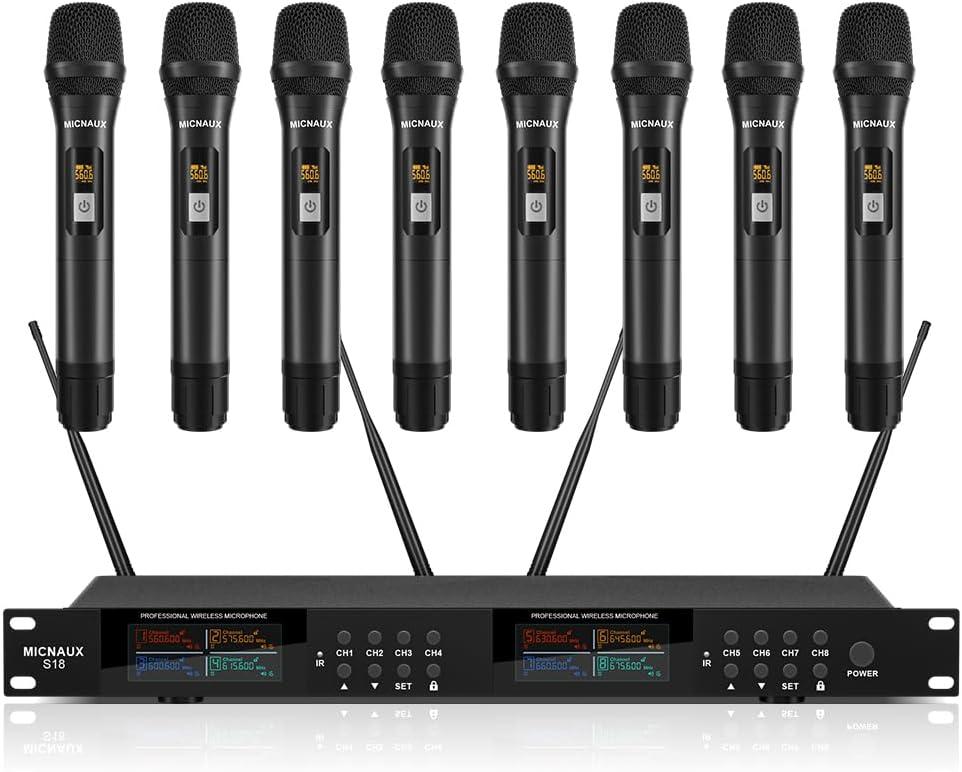 Wireless Microphone System, Pro 8 Channel UHF Mics Set with Metal Cordless Handheld Mics & Receiver, 200 Adjustable Frequency, 300ft Range for Singing, Church, Karaoke, Party