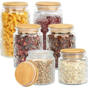 Vintage Glass Storage Jars Set of 6,Kitchen Coffee Jar Storage with Flat Airtight Bamboo Lid,Pantry Food Storage Container with Clear Sunflower Decor for Countertop,Dining Room,Stackable,Heavy Duty