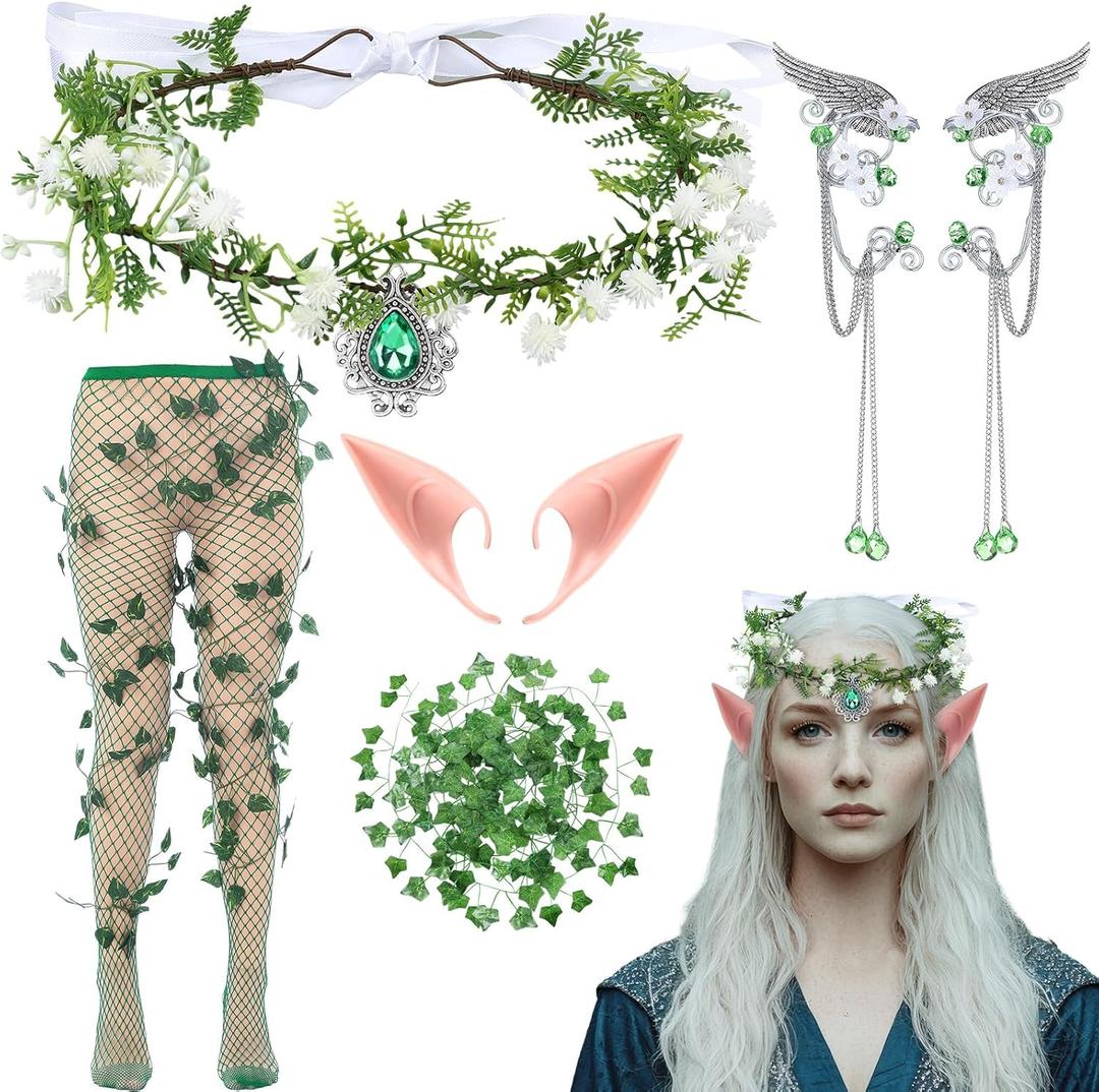 Tondiamo 6 Pcs Halloween Fairy Elf Accessories Renaissance Medieval Costume Outfits Elf Crown Headpiece Fairy Ears Woodland Earrings Cuffs Green Mesh Socks Leaf Vines Cosplay Jewelry Set for Woman