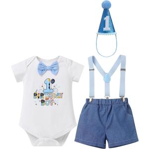 IMEKIS Baby Boys 1st 2nd Birthday Outfit Blue Bowtie Romper Suspenders Hat 3PCS Sets Cake Smash Photo Shoot (White, S) 12-18M