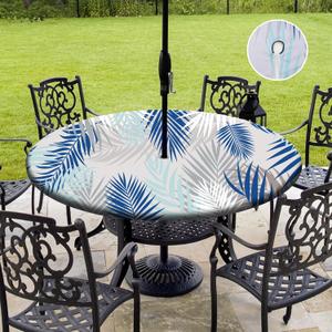 Round Outdoor Tablecloth with Umbrella Hole,Picnic Fitted Elastic Tablecloth with Zipper, Waterproof Patio Table Covers,Camping Zippered Tablecloth for Picnic, Camping, Dinner,Fit 45"-54"(Blue Grey)
