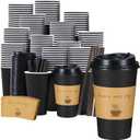 Lamosi 16 OZ Coffee Cups 50 Pack, 16 Ounce To Go Cups with Lids, Stir Sticks and Sleeves, 16 Ounce Disposable Coffee Cup, 16 OZ Black Hot Paper Cup for Home, Travel, Office