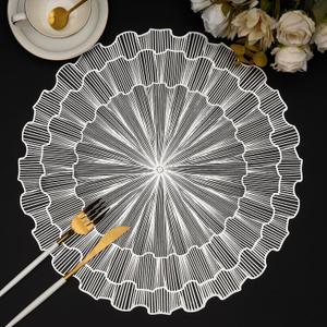 Evevda Silver Placemats Set of 6 Round 15 inch Table Mats Vinyl Pressed Waterproof Table Placemats for Dining Table Decoration Wedding Holiday Party