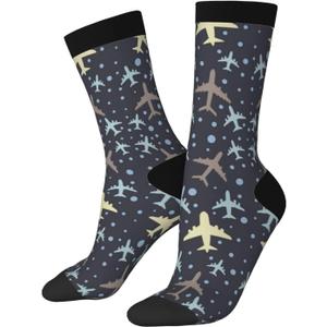 Cute Airplane Novelty Funny Crew Socks, Cool Breathable Dress Socks Gift For Men Women