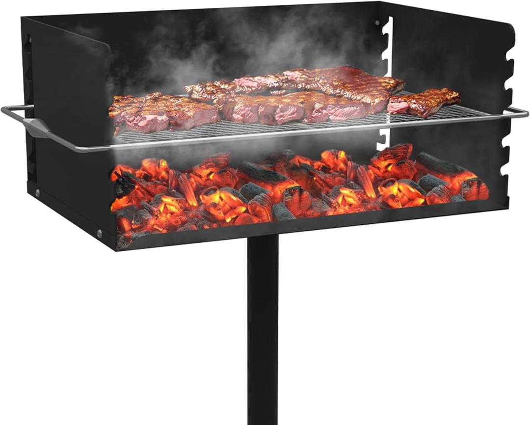 Park Grills, 384 Sq. In, Park Style Charcoal Grill, Heavy Duty In Ground Park Grill with Stainless Steel Cooking Grate and Cover for Commercial and Outdoor Cooking 25.5'' L x 17'' W x 11'' H