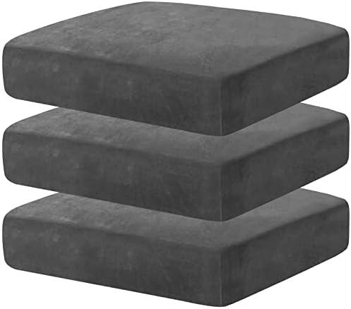 MAXIJIN Velvet Stretch Seat Cushion Covers Couch Cushion Cover for Individual Cushions Sofa Seat Cushion Slipcovers with Elastic Bottom (3 Piece XL Sofa Cushion Covers, Gray)