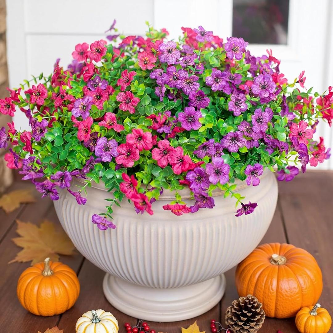 HyeFlora Artificial Flowers for Outdoor Indoor Garden Home Decoration, Faux Flower Daisy with Eucalyptus Leaves Fake Plants Greenery Boxwood Porch Patio, 2 Bundles (Purple Pink)