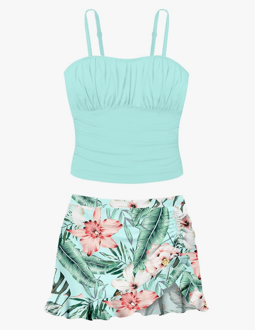 Girls Tankini Swimsuits Two Piece Tropical Print Pleated Bathing Suit with Ruffle Drawstring Skirt Swimwear 15-16Y